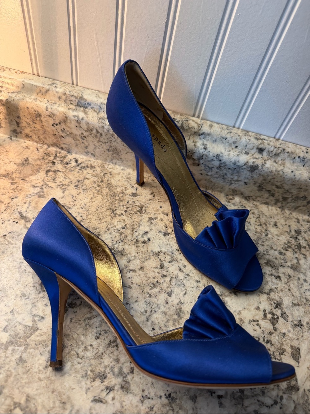 kate spade cobalt blue satin peep-toe heels with ruffle wedding royal prom event